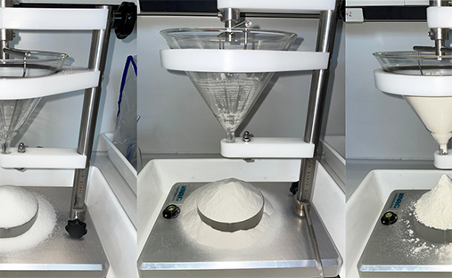 Conical piles for the measurement of the angle of repose