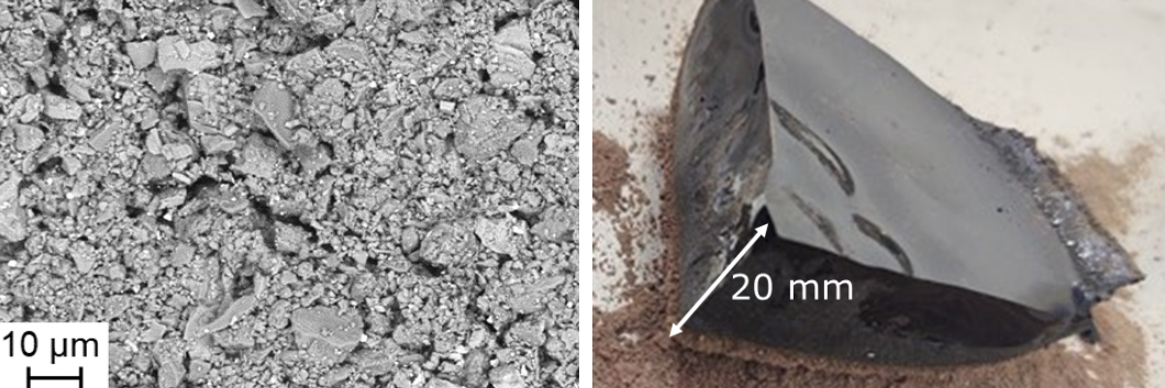 Scanning electron microscope image of the EAC-1A lunar regolith simulant (left) and a piece of the sintered and cracked material (right)