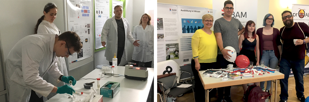 Schüler im Labor und Gruppenfoto Messestand Schüler im Labor und Gruppenfoto Messestand