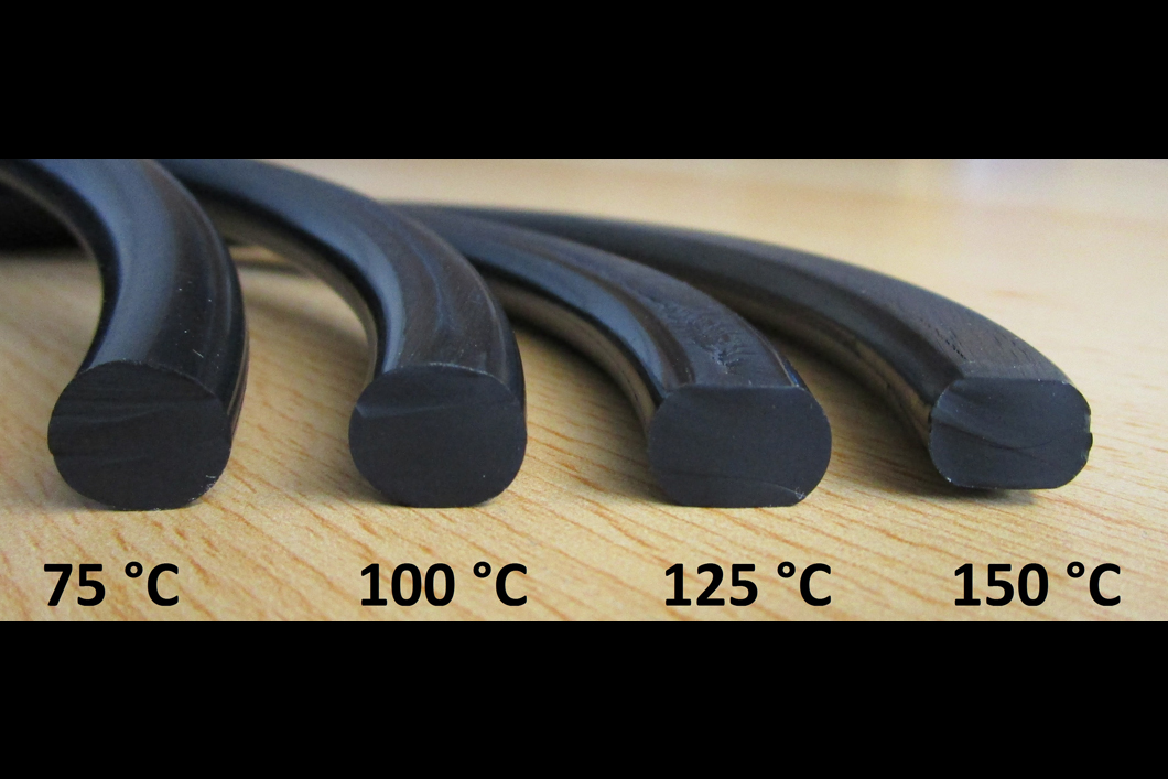 Bleibende Verformung von verpresst gealterten EPDM O-Ringen mit ursprünglich rundem Querschnitt nach einem Jahr Alterung bei verschiedenen Temperaturen Bleibende Verformung von verpresst gealterten EPDM O-Ringen mit ursprünglich rundem Querschnitt nach einem Jahr Alterung bei verschiedenen Temperaturen