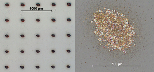 Optische Mikroskopaufnahmen einer Anordnung von Kupfer-Indium-Inseln auf molybdänbeschichtetem Glas. Ausgangsschichtfolge: 20 nm Kupfer, 200 nm Indium (links). Einzelne Insel in höherer Vergrößerung (rechts).