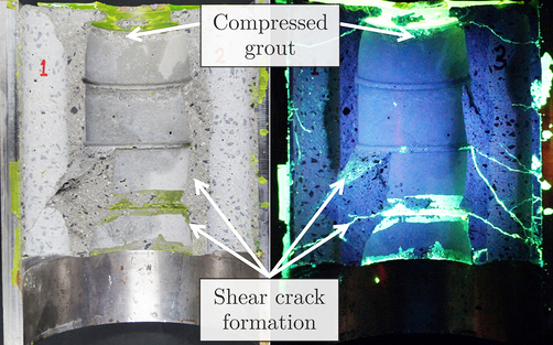 Lokales Druckversagen und Scherrissbildung einer für Laborversuche skalierten Groutverbindung 