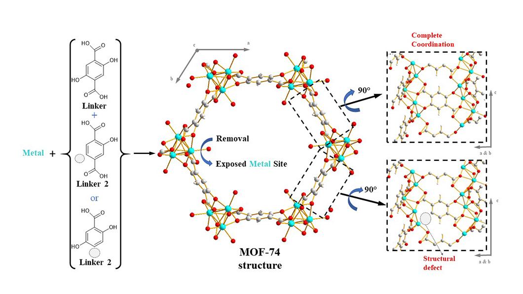 Grafik: Erzeugung von Strukturdefekten in einer MOF-74-Struktur mit freiliegenden Metallstellen durch partielle Linkersubstitution Grafik: Erzeugung von Strukturdefekten in einer MOF-74-Struktur mit freiliegenden Metallstellen durch partielle Linkersubstitution