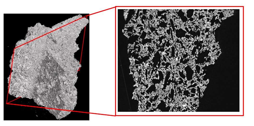 Synchrotronstrahlungs-Computertomographie (SX-CT): Rekonstruktion und Querschnitt eines kleinen Stückes eines Diesel-Partikel-Filters (Größe der 3D Darstellung ca. 2 mm) 