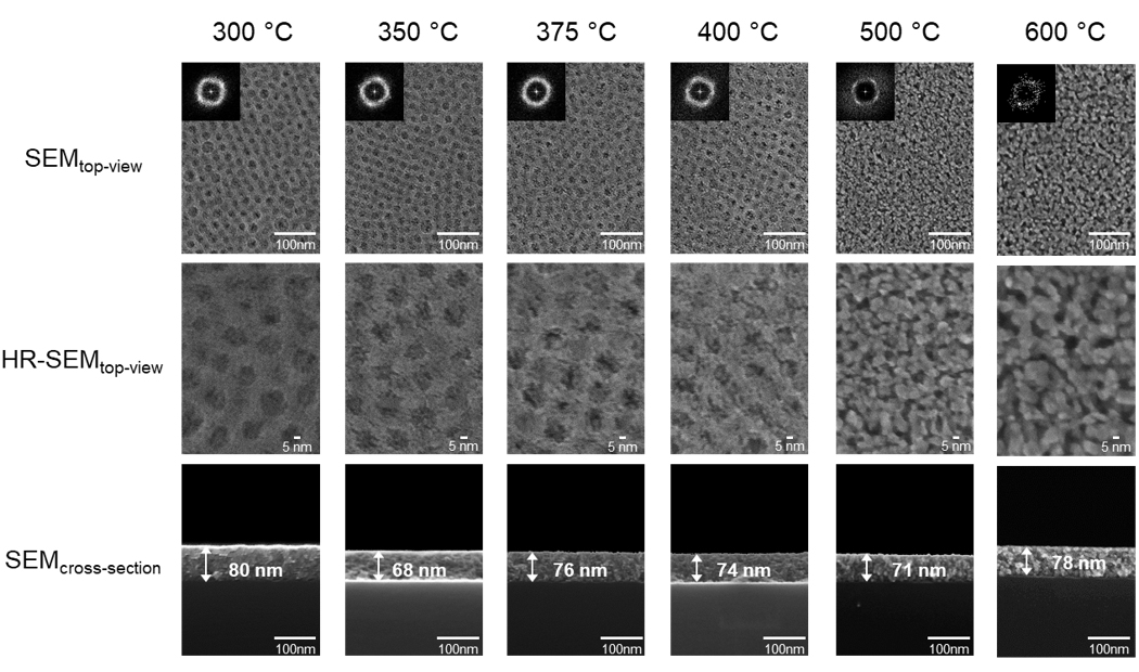 Die nanoskalige Struktur und die chemischen Eigenschaften der porösen Katalysatorschichten hängen von der Kalzinierungstemperatur ab