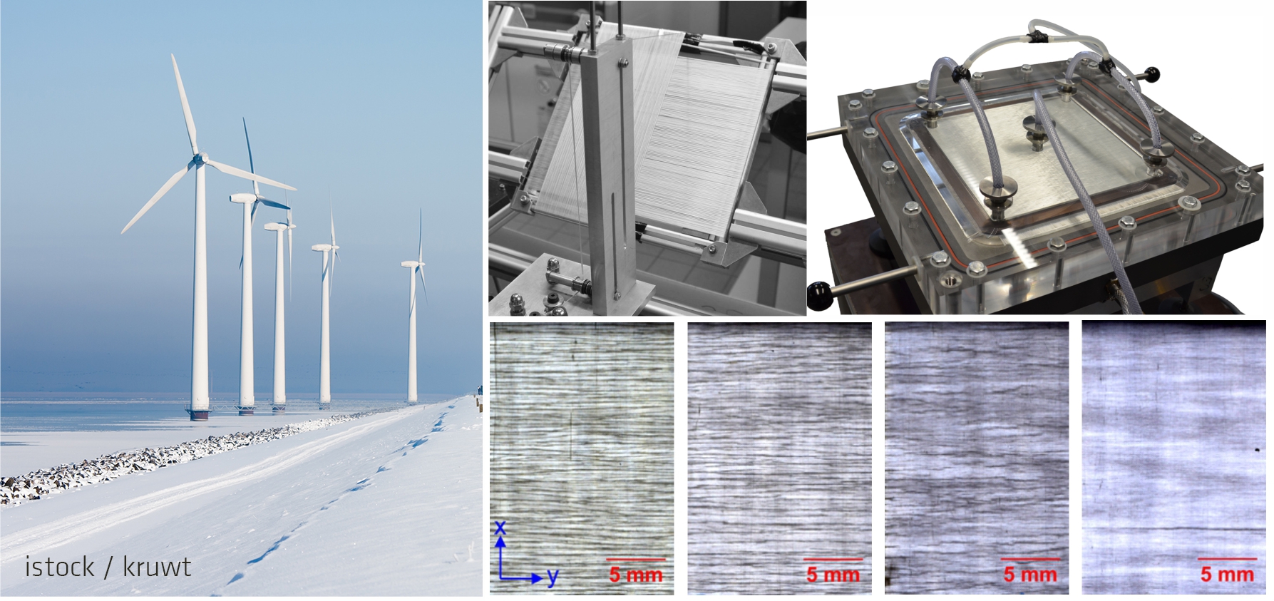 Windkraftanlage im Winter, Glasfasern werden zu einem Textil verarbeitet und mit Epoxidharz getränkt, Rissbildung in FKV bei verschiedenen Temperaturen Windkraftanlage im Winter, Glasfasern werden zu einem Textil verarbeitet und mit Epoxidharz getränkt, Rissbildung in FKV bei verschiedenen Temperaturen