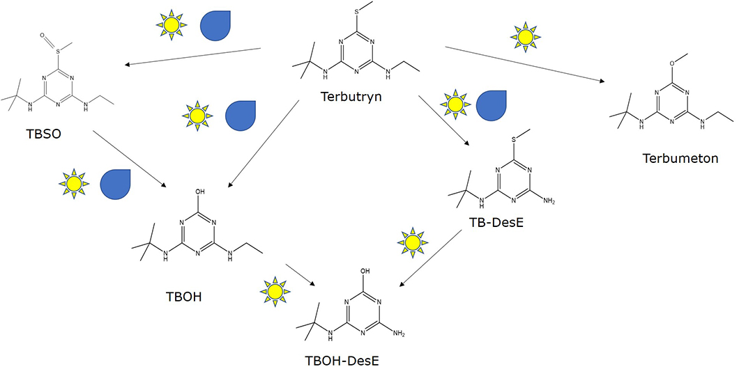 Grafik zur chemische Struktur: UV-Strahlung und Wasser bewirken unterschiedliche Muster von Transformationsprodukten.  Grafik zur chemische Struktur: UV-Strahlung und Wasser bewirken unterschiedliche Muster von Transformationsprodukten.