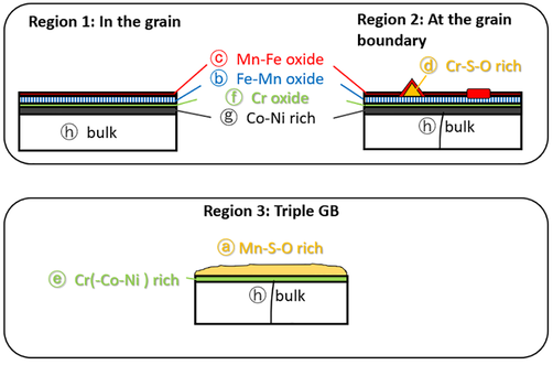 Grafik: . Der schematische Schnitt senkrecht zur Oberfläche zeigt die korrosionsinduzierten Schichten.  Grafik: . Der schematische Schnitt senkrecht zur Oberfläche zeigt die korrosionsinduzierten Schichten.