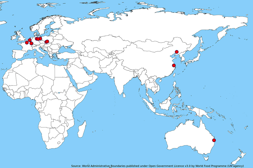 Das Bild zeigt eine Weltkarte mit markierten Standorten in Europa, China und Australien. Das Bild zeigt eine Weltkarte mit markierten Standorten in Europa, China und Australien.