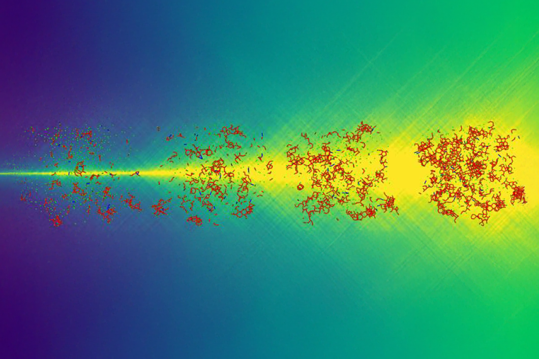 Die Computersimulation zeigt Atomcluster eines metallischen Glases im Zeitverlauf, die Dichte und Ordnung nimmt kontinuierlich zu. Die Computersimulation zeigt Atomcluster eines metallischen Glases im Zeitverlauf, die Dichte und Ordnung nimmt kontinuierlich zu.
