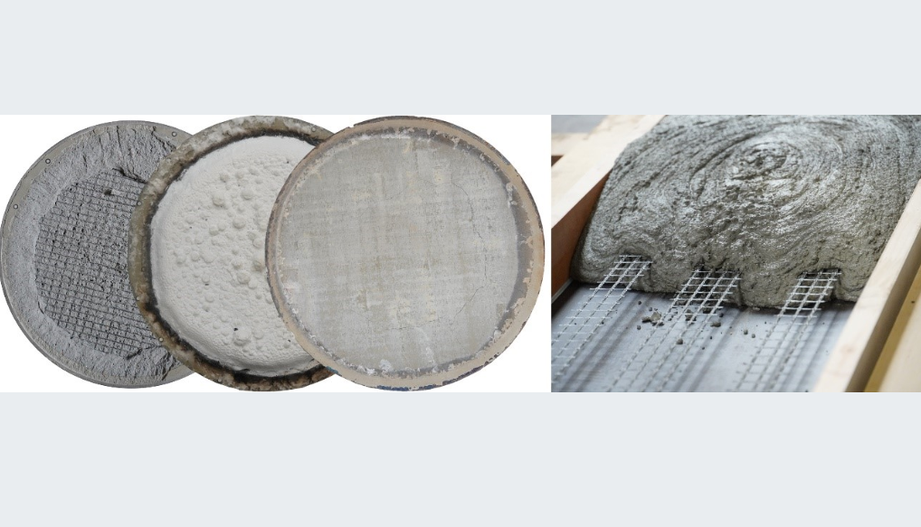 Das Bild zeigt links drei runde Scheiben aus Carbonbeton und rechts eine graue Betonmasse die sich auf einem metallenen Gitternetz verteilt Das Bild zeigt links drei runde Scheiben aus Carbonbeton und rechts eine graue Betonmasse die sich auf einem metallenen Gitternetz verteilt