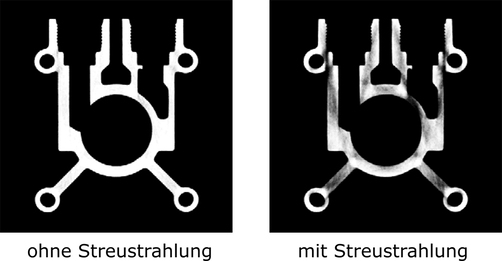 Darstellung eines  Bauteils, mit und ohne Streustrahlung