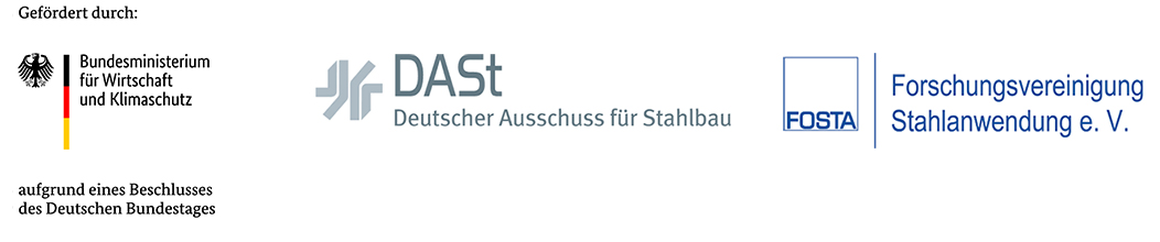 Logos: Bundesministerium für Wirtschaft und Klimaschutz (BMWi), Deutscher Ausschuss für Stahlbau (DASt), FOSTA Forschungsvereinigung Stahlanwendung e.V. (FOSTA)