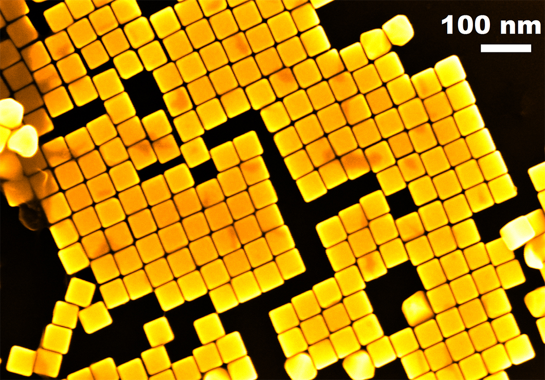 Rasterelektronenmikroskopische Aufnahmen von (a) bipyramidalem ( b) plättchenartigem ( c) nadelförmigem Titaniumdioxid, sowie (d) würfelförmigem Gold. Maßstabsbalken entspricht 100 nm. Rasterelektronenmikroskopische Aufnahmen von (a) bipyramidalem ( b) plättchenartigem ( c) nadelförmigem Titaniumdioxid, sowie (d) würfelförmigem Gold. Maßstabsbalken entspricht 100 nm.