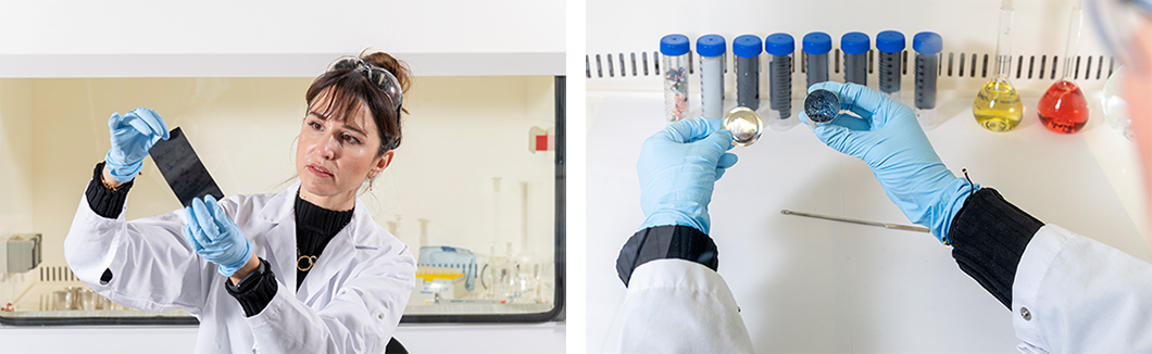 Dalia Morcillo bei der Probenvorbereitung und Extraktion des Aktivmaterials von der Elektrode Dalia Morcillo bei der Probenvorbereitung und Extraktion des Aktivmaterials von der Elektrode