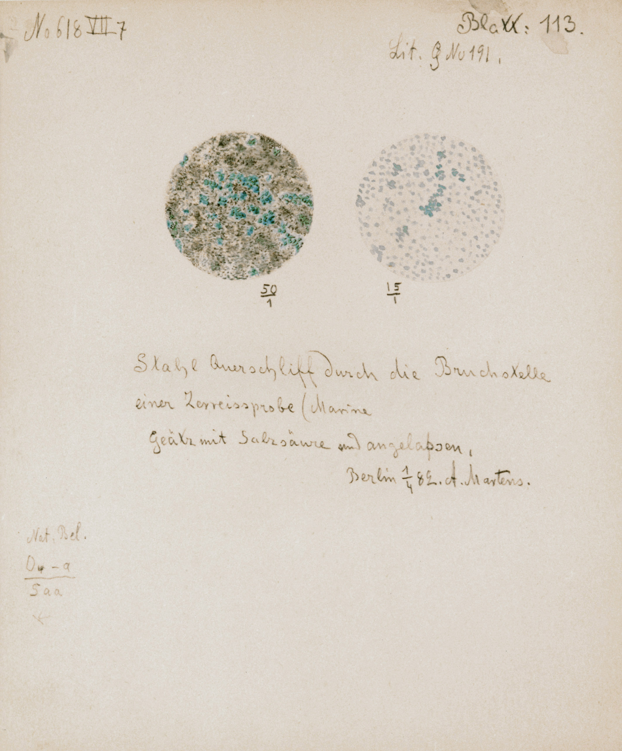 Drawing by Adolf Martens (1850-1914) from 1882: surface of steel, polished cross-section through the breaking point of a tensile specimen, etched with hydrochloric acid and tempered Drawing by Adolf Martens (1850-1914) from 1882: surface of steel, polished cross-section through the breaking point of a tensile specimen, etched with hydrochloric acid and tempered