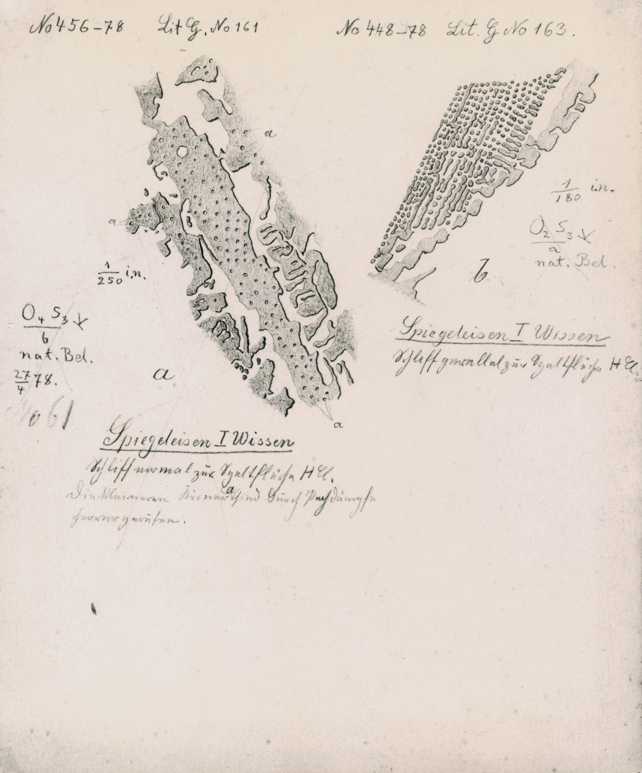 Drawing by Adolf Martens (1850-1914) from 1878: surface of so-called spiegeleisen, an iron-based material with high manganese content, etched with hydrochloric acid, polished section normal and parallel to the cleavage plane Drawing by Adolf Martens (1850-1914) from 1878: surface of so-called spiegeleisen, an iron-based material with high manganese content, etched with hydrochloric acid, polished section normal and parallel to the cleavage plane