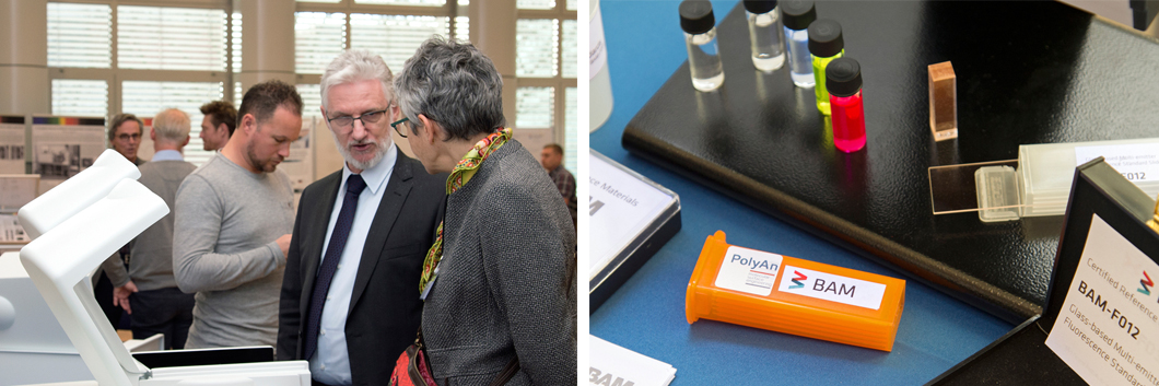 Discussing current equipment developments in UV/Vis/NIR spectrometry (left) and presenting BAM optical reference materials (right). Discussing current equipment developments in UV/Vis/NIR spectrometry (left) and presenting BAM optical reference materials (right).