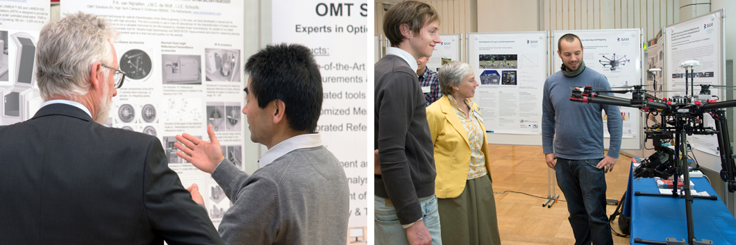 The exhibited posters sparked lively discussions and exchange of ideas (left). Dr. Patrick Neumann from the Sensors, Measurement and Testing Methods Division presented an octocopter with specially developed gas sensors (right). The exhibited posters sparked lively discussions and exchange of ideas (left). Dr. Patrick Neumann from the Sensors, Measurement and Testing Methods Division presented an octocopter with specially developed gas sensors (right).