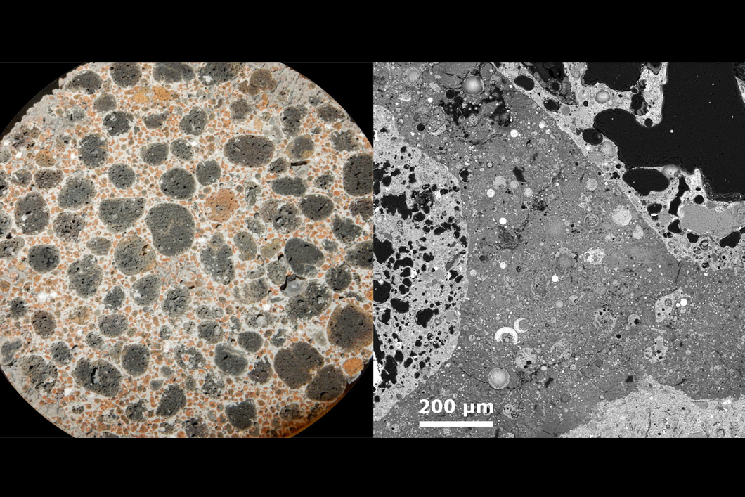 Left: macroscopic picture of the geopolymer lightweight concrete (ground surface, width of figure approx. 8.7 cm); right: SEM picture of the geopolymer lightweight concrete