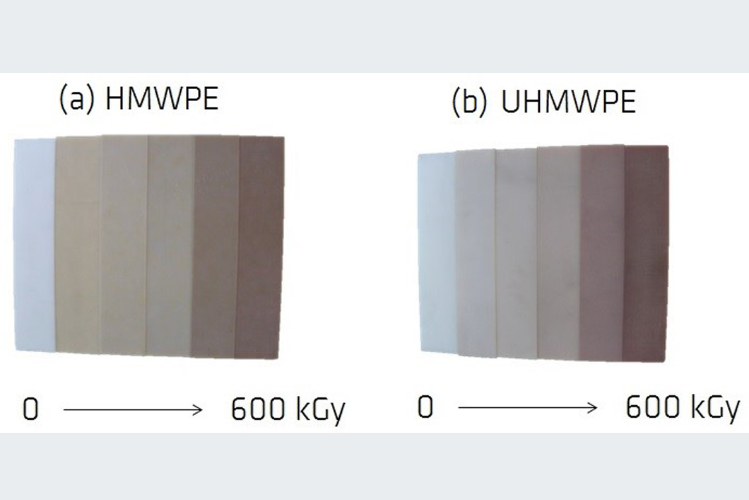 Discoloration of initially white (a) HMWPE and (b) UHMWPE by gamma-radiation, from left to right: 0, 50, 100, 200, 400 and 600 kGy