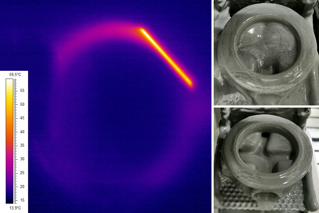 Thermal imaging during manufacturing and finished part being lifted from the suspension Thermal imaging during manufacturing and finished part being lifted from the suspension