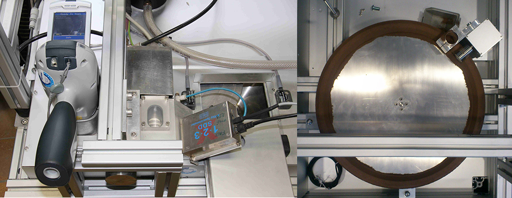 Mobile XRF instrument setup with handheld XRF and XRF sensor for measuring moving samples (left) and rotating sample plate with track (right) Mobile XRF instrument setup with handheld XRF and XRF sensor for measuring moving samples (left) and rotating sample plate with track (right)