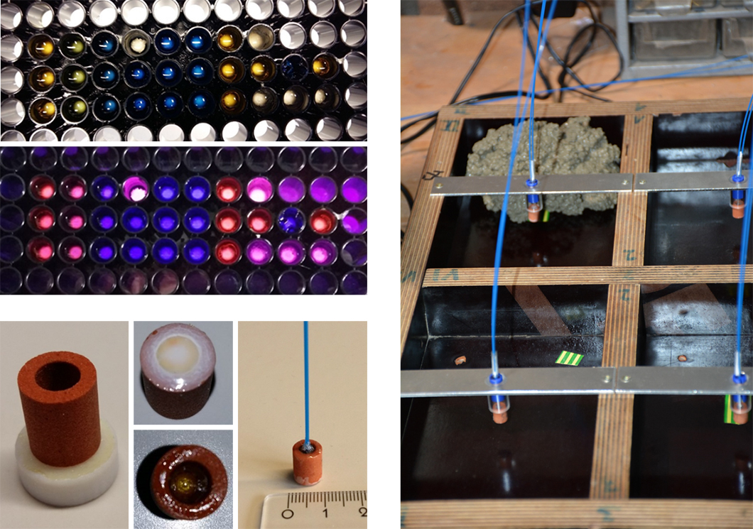 Microplate with sensor layers showing the fluorescence response, sensor preparation (bottom left), sensors during concreting Microplate with sensor layers showing the fluorescence response, sensor preparation (bottom left), sensors during concreting