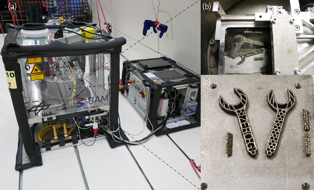 (a) Setup for LBM in μ-gravity mounted in the Airbus A310 ZERO-G during a parabolic flight campaign; (b,c) samples laser beam melted in µ-gravity