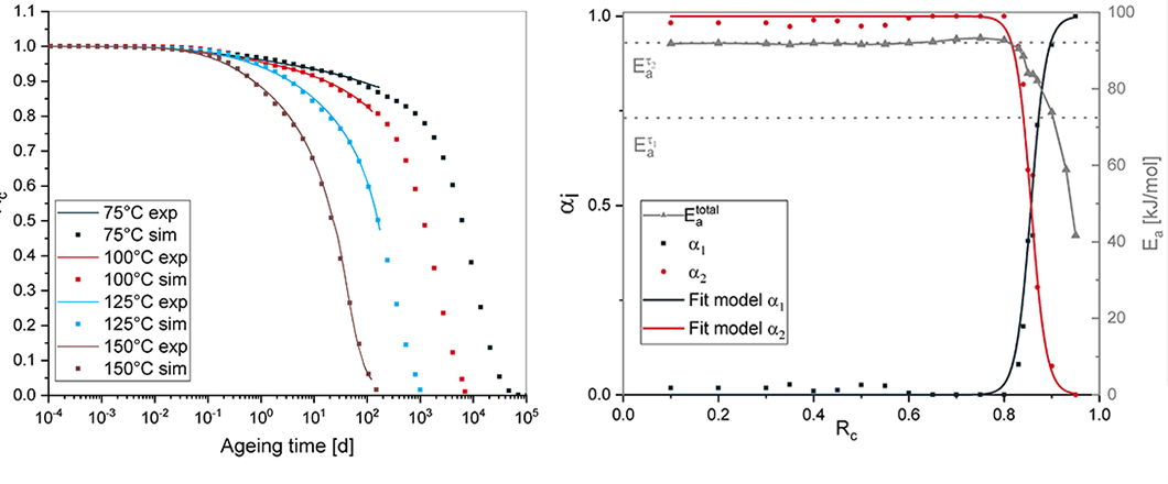 Graphical Summary - Left: Experimental and simulation results of the compression stress relaxation (Rc). Right: Evolution of the degradative processes Graphical Summary - Left: Experimental and simulation results of the compression stress relaxation (Rc). Right: Evolution of the degradative processes