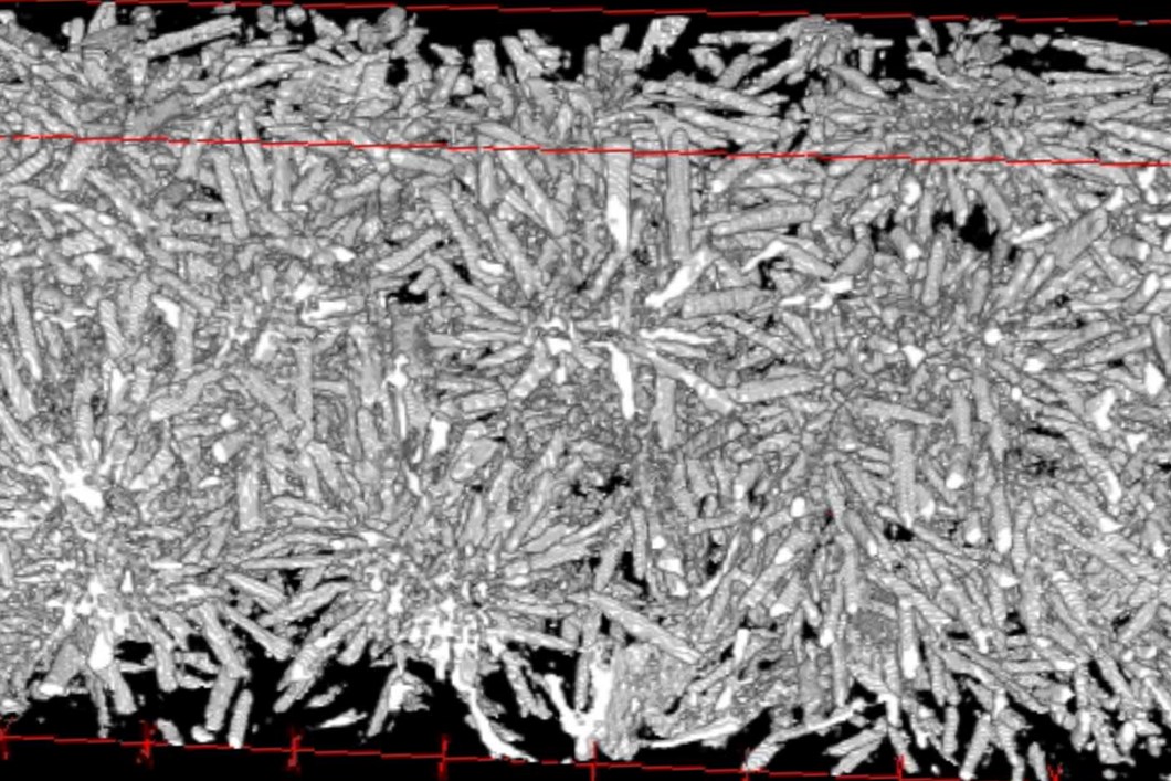 Rendering of the crystal growth in glass-ceramic for dental applications. Rendering of the crystal growth in glass-ceramic for dental applications.