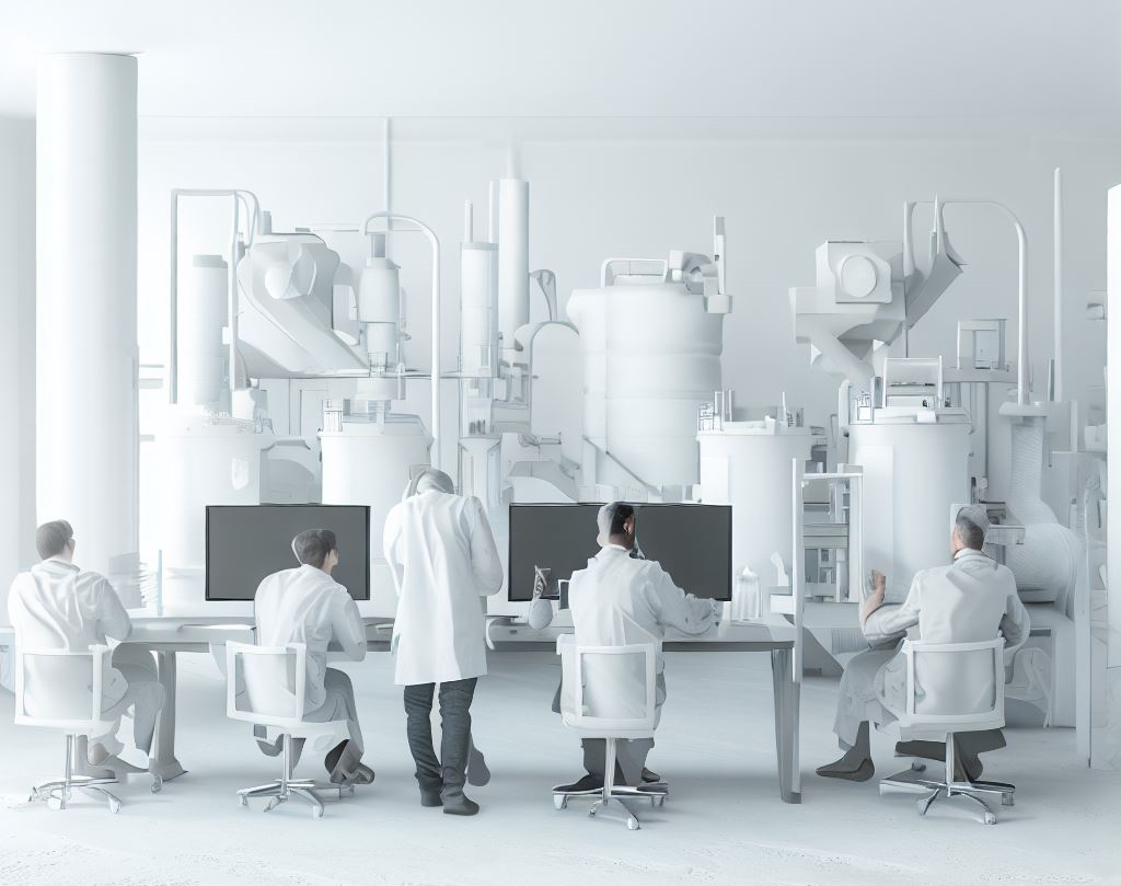 Researchers in white lab aprons in front of a white apparational test facility. Researchers in white lab aprons in front of a white apparational test facility.