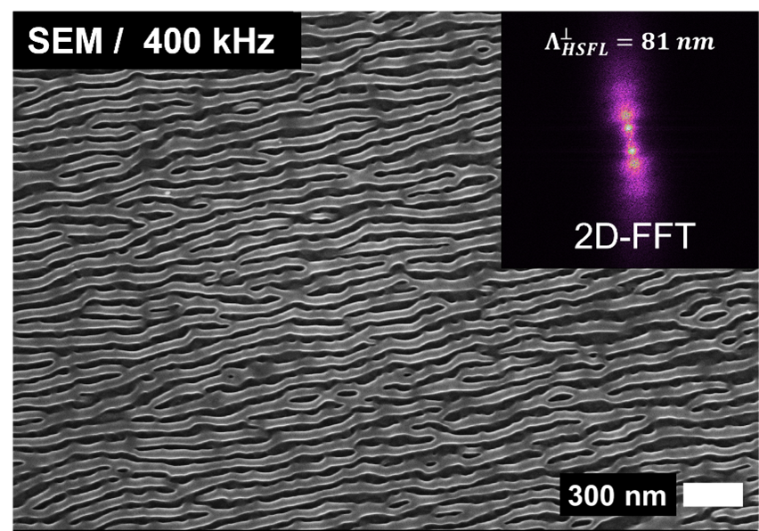Sub-100 nm HSFL nanostructures on titanium alloy generated by ps-laser pulse repetition rates of 400 kHz. Sub-100 nm HSFL nanostructures on titanium alloy generated by ps-laser pulse repetition rates of 400 kHz.