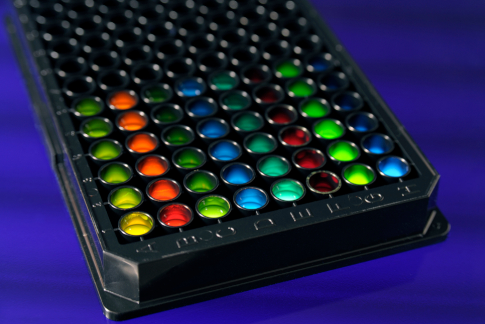 Illustration of a microtiter plate with different fluorescent solutions, which are used for the optical detection of inflammation markers. Illustration of a microtiter plate with different fluorescent solutions, which are used for the optical detection of inflammation markers.