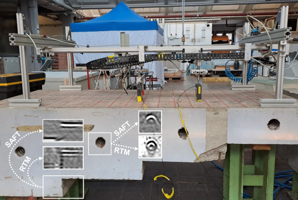 Ultrasonic measurements on a concrete specimen and imaging results from SAFT and RTM, exemplarily shown for one step and tendon duct Ultrasonic measurements on a concrete specimen and imaging results from SAFT and RTM, exemplarily shown for one step and tendon duct