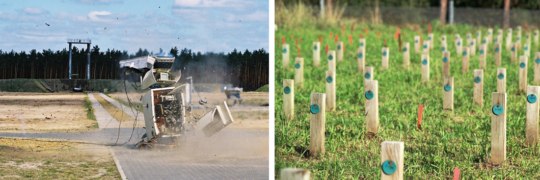 Left: An ATM is tested for blast resistance, right: weathering of wooden sticks Left: An ATM is tested for blast resistance, right: weathering of wooden sticks
