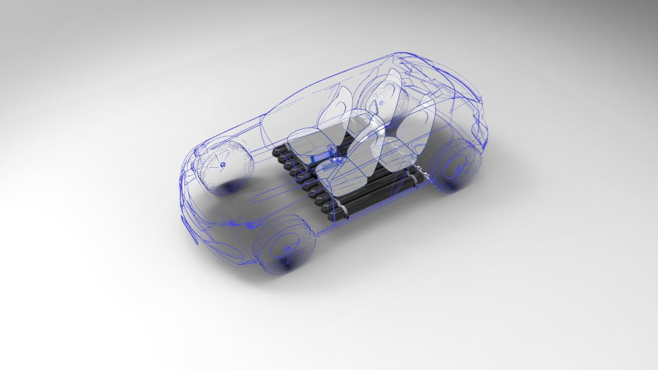A multi vessel car underbody with a car drawn around it. A multi vessel car underbody with a car drawn around it.