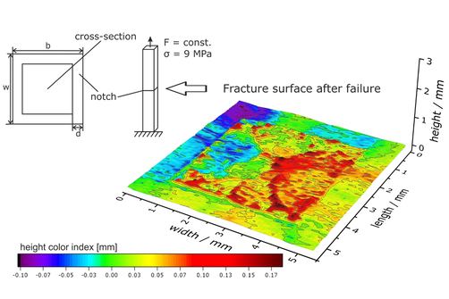 Height profile (Laser Scanning Microscopy, LSM) of a characteristic fracture surface of a FNCT test specimen Height profile (Laser Scanning Microscopy, LSM) of a characteristic fracture surface of a FNCT test specimen
