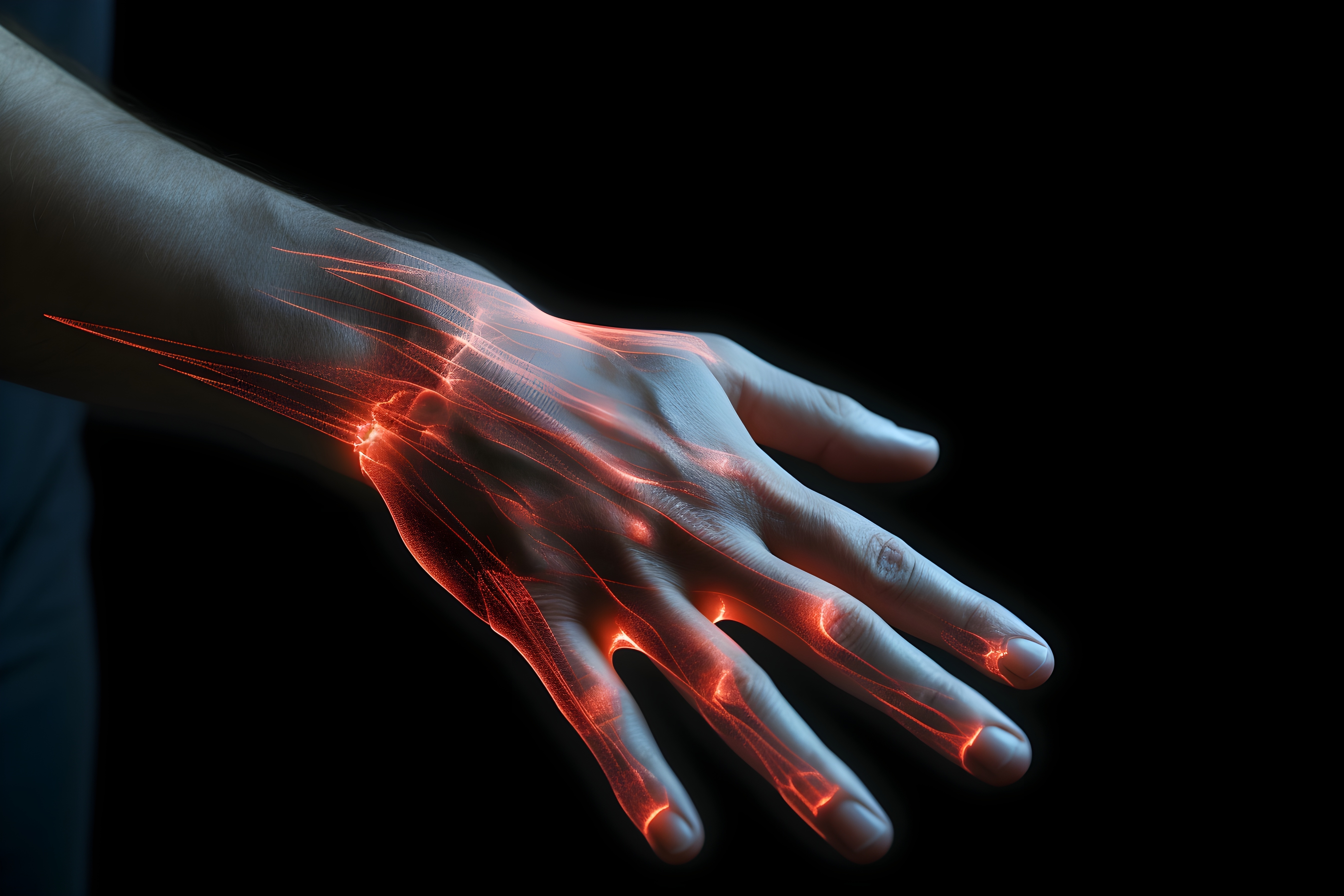 Illustration of a hand riddled with fluorescent veins Illustration of a hand riddled with fluorescent veins
