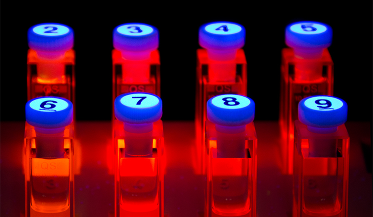 Numbered samples with photoluminescent substances shine red. Numbered samples with photoluminescent substances shine red.