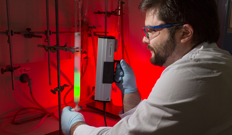 A UV lamp reveals material that is green- and red-fluorescent. A UV lamp reveals material that is green- and red-fluorescent.