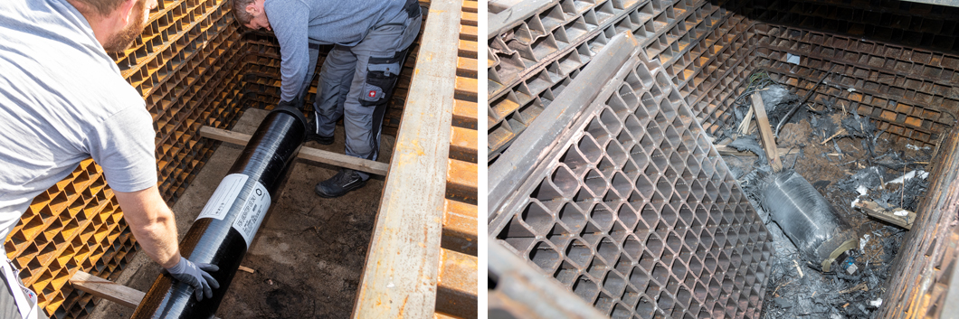 Left: Surrounded by a protective steel barrier, a storage tank will be made to burst. Right: Remains of the burst hydrogen storage tank. Left: Surrounded by a protective steel barrier, a storage tank will be made to burst. Right: Remains of the burst hydrogen storage tank.