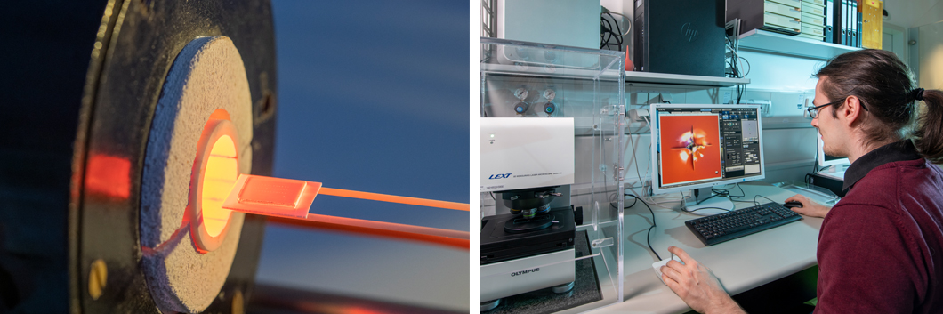 Heat treatment of a sample at almost 800 degrees Celsius (left) and checking the healed cracks using a laser scanning microscope (right)