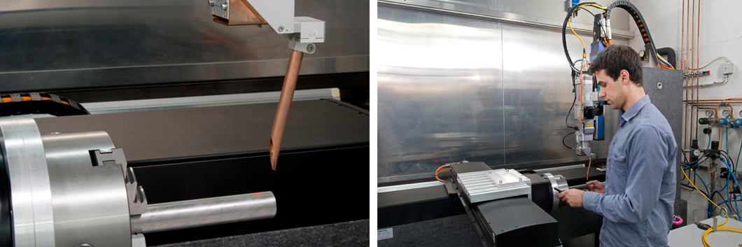 André Fritzsche, also from the Welding Technology Division, shows laser implantation on bodies of rotational symmetry. André Fritzsche, also from the Welding Technology Division, shows laser implantation on bodies of rotational symmetry.