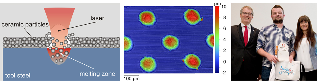 Figure 1 (left): Laser implantation; Figure 2 (middle): Resulting surface topology; Photo (right): Felix Spranger (2nd from right) received the BAM internal poster award for his project poster in autumn 2017. Figure 1 (left): Laser implantation; Figure 2 (middle): Resulting surface topology; Photo (right): Felix Spranger (2nd from right) received the BAM internal poster award for his project poster in autumn 2017.