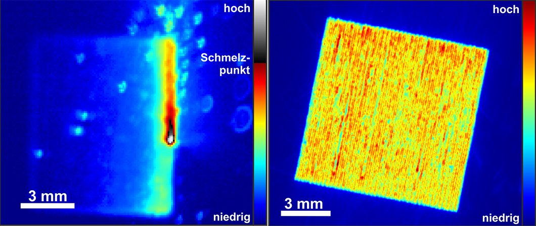 Optical measurement methods: Thermographic snapshot of the melt pool (left), optical tomography (right)