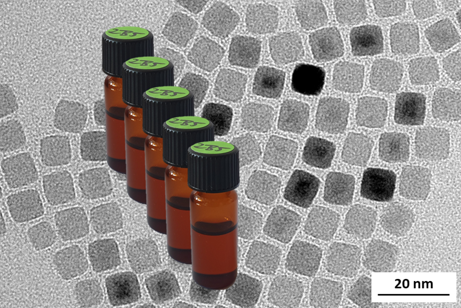 Paper des Monats 01/2024: TF Analytical Science Elektronenmikroskopische Aufnahme und abgefüllte Fläschchen der Eisenoxidnanowürfel als neues ZRM BAM-N012