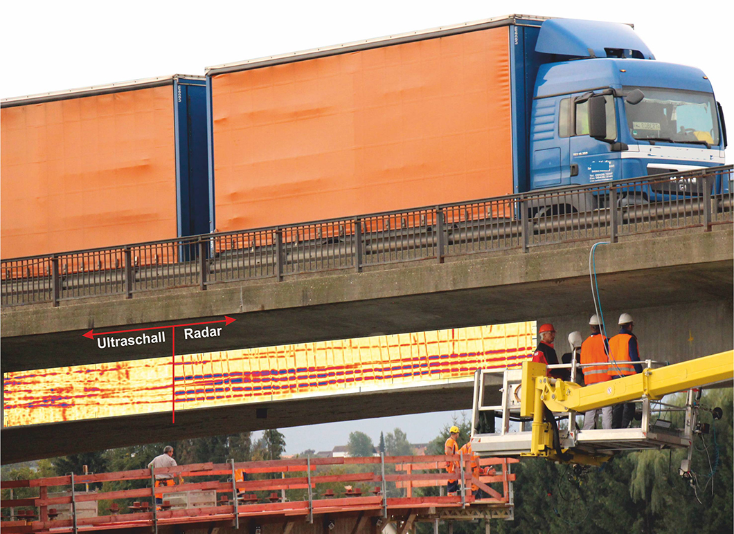 ZfPStatik - Brücke Messungen an einer Brücke, über die ein LKW fährt