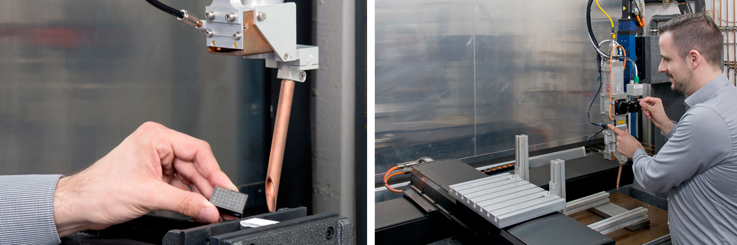 Innovative Pulslaser-Präzisionsanlage – die Zukunft des Schweißens Prof. Dr. Kai Hilgenberg vom Fachbereich Schweißtechnische Fertigungsverfahren zeigt die Vorbereitung für eine Laserimplantation (links) und die elektromagnetische Schmelzbadbeeinflussung beim Laserstrahlschweißen (rechts).